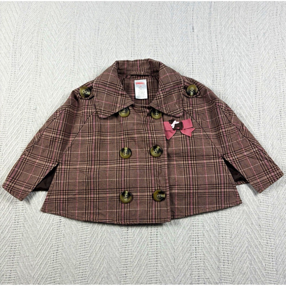 Gymboree Toddler Girls XS Plaid Cape Double-Breasted Button Front Brown Pink